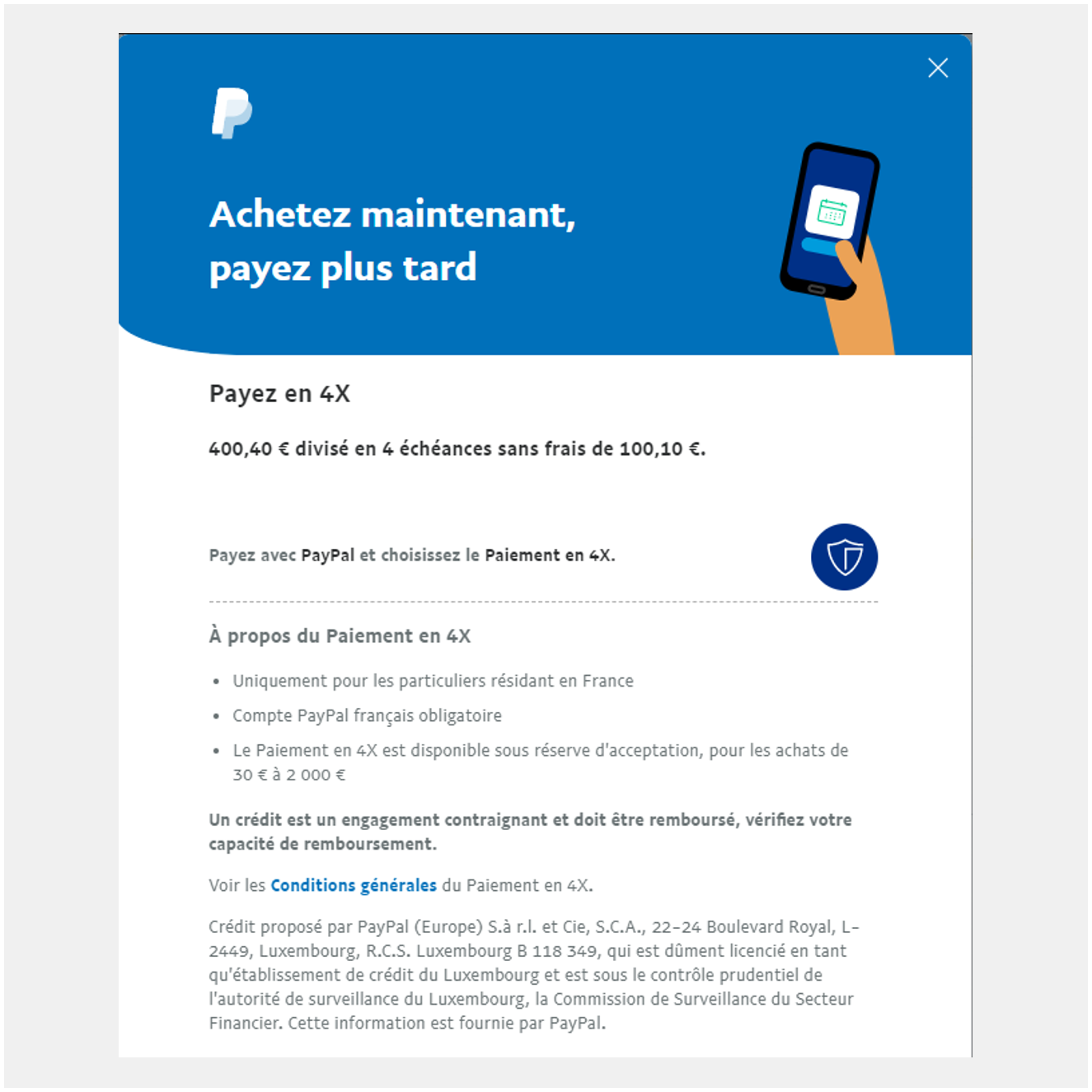Paiement 4x fois PayPal